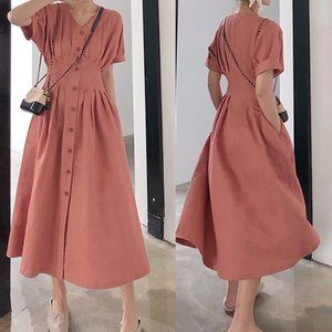 C135 Women’s Clothing Button Down Maxi Cotton Dress V Neck Short Sleeve